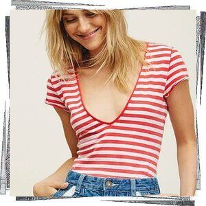 Red & White Striped Short Sleeve Deep V-Neck Striped “Avery” Cotton Tee (S)